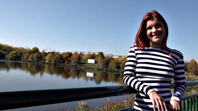 Redhead deepthroating teen POV closeup fucked 4 cash outdoor