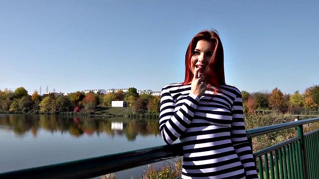 Redhead deepthroating teen POV closeup fucked 4 cash outdoor