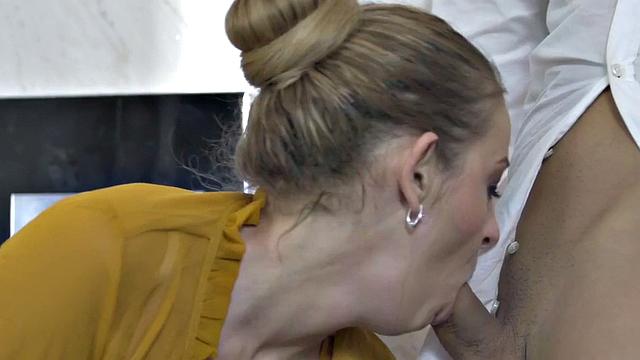 Busty secretary MILF sucks n rides nerdy colleague in toilet