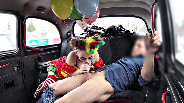 Valentine clown gets her tight pussy drilled by driver's hard cock in reverse cowgirl position