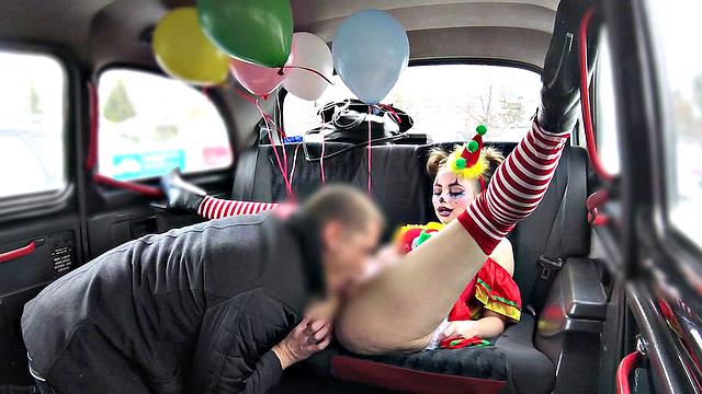 Valentine clown gets her tight pussy drilled by driver's hard cock in reverse cowgirl position