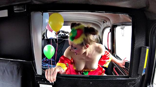 Valentine clown gets her tight pussy drilled by driver's hard cock in reverse cowgirl position