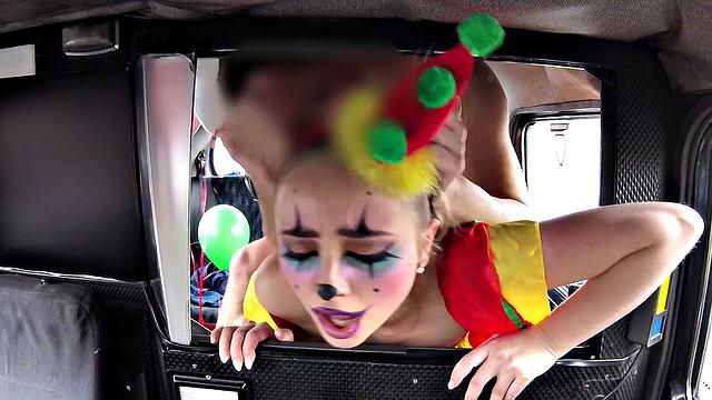 Valentine clown gets her tight pussy drilled by driver's hard cock in reverse cowgirl position
