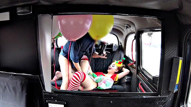 Valentine clown gets her tight pussy drilled by driver's hard cock in reverse cowgirl position