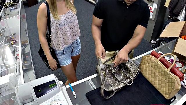 Pawnshop beauty sucking manager's cock before sex in the shop