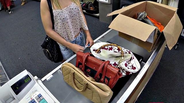 Pawnshop beauty sucking manager's cock before sex in the shop