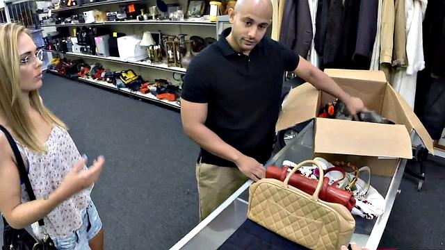 Pawnshop beauty sucking manager's cock before sex in the shop