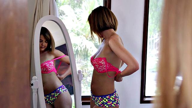 Pussyfingered babe gets licked by small boobs MILF