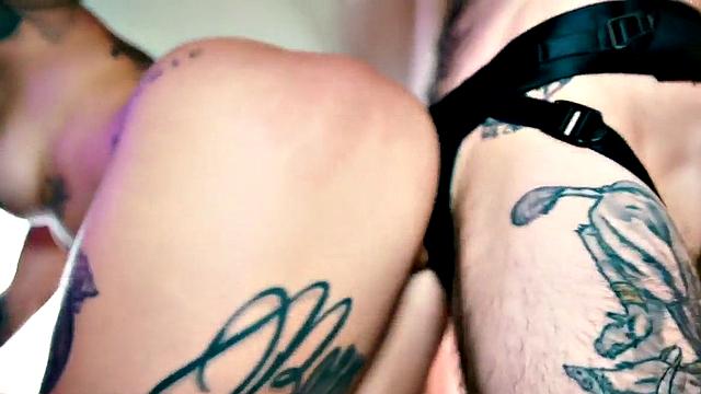 TS guy with strapon fucks babe after getting licked