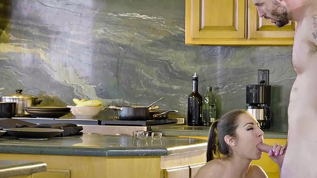 Get a taste of private taste with a tattooed slut in high heels and a kitchen filled with cum