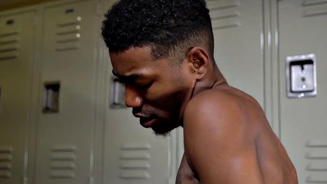 Athletic black stud fucked in asshole in locker