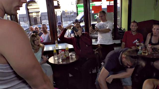 Publicly humiliated sub sucking with voyeurs watching