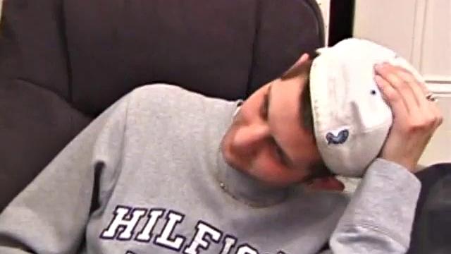 As a porn flick plays, young amateur Aaron Michaels strokes hard, pulls his cock out of his jeans, lets loose, and spills his nut on the bed.