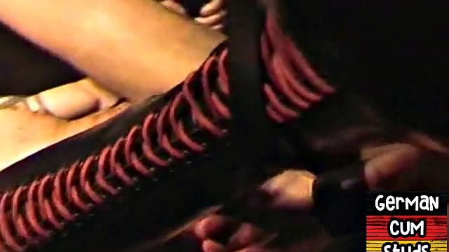 German masked bottom in sling gets in amateur orgy