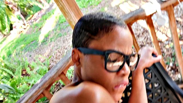 Watch this bald-headed learner get a close-up view of her shaved pussy getting fucked from behind