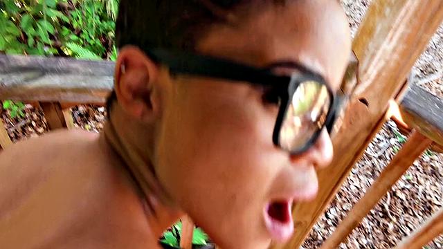 Watch this bald-headed learner get a close-up view of her shaved pussy getting fucked from behind