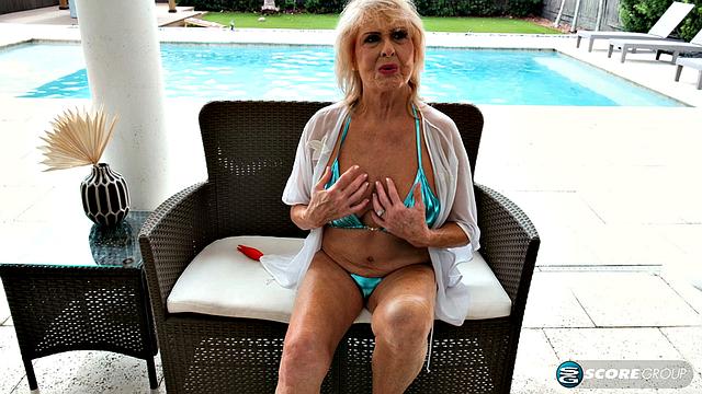 A 77-year-old in a bikini gets naked and gets off poolside