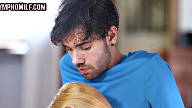 Tattooed busty MILF sucks and wanks stud hard cock