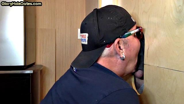 moustached daddy finds a surprise mouth at the gloryhole and gets more than he bargained for