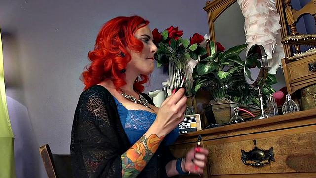 Femdom CFNM redhead MILF in lingerie bangs subs ass