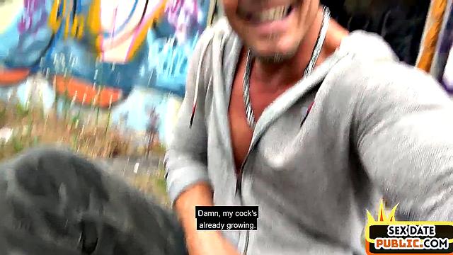 Public German MILF jumps outdoor on sex date cock