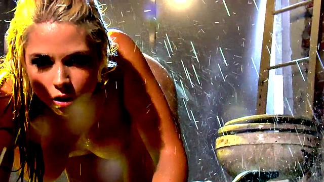 Busty glamcore babe masturbating under shower