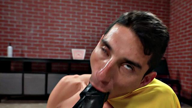 Dildo addict in costume fucked by Black top in leather