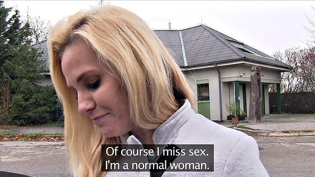 Blonde MILF desperate for work fucks outdoors for a hot fuck and a ride