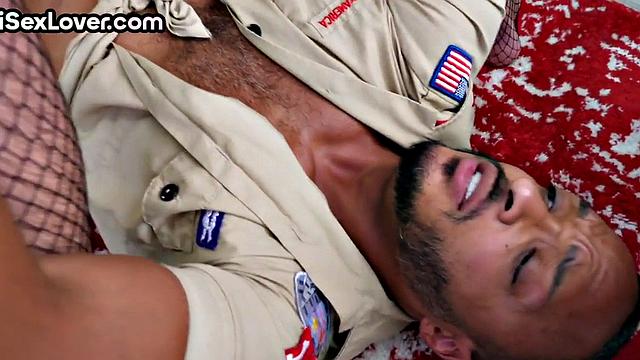 Cosplay babe rides black cock in IR threesome