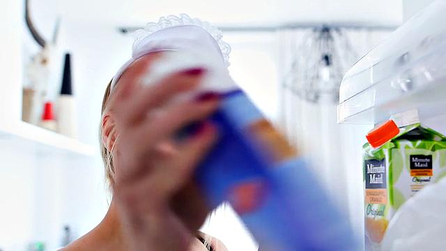 Blonde maid doggystyled in the kitchen