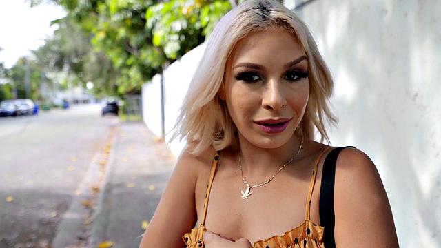 Blonde Latina Carmen gets her pussy fingered and fucked in reverse cowgirl and handjob action