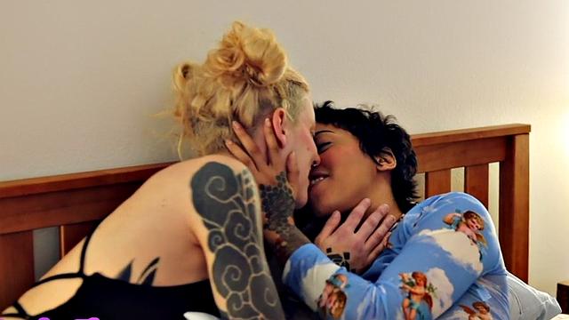Lesbian rimming inked ebony toyed by tattooed GF