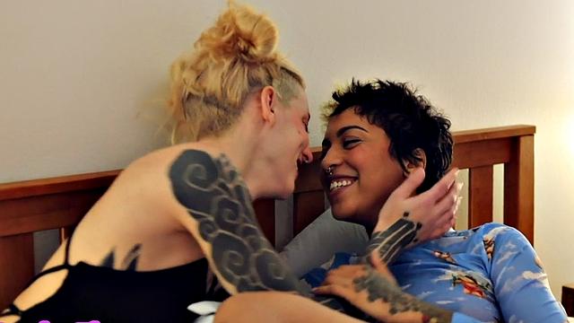 Lesbian rimming inked ebony toyed by tattooed GF