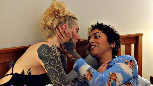Lesbian rimming inked ebony toyed by tattooed GF