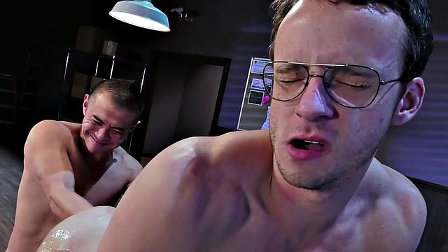 Muscular nerdy boss by Asian jock after rimjob