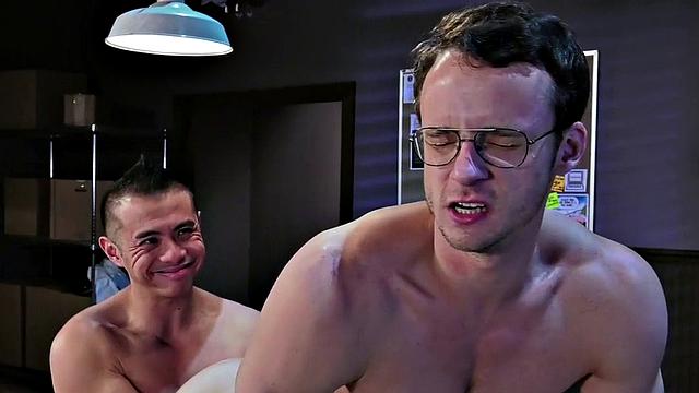 Muscular nerdy boss by Asian jock after rimjob