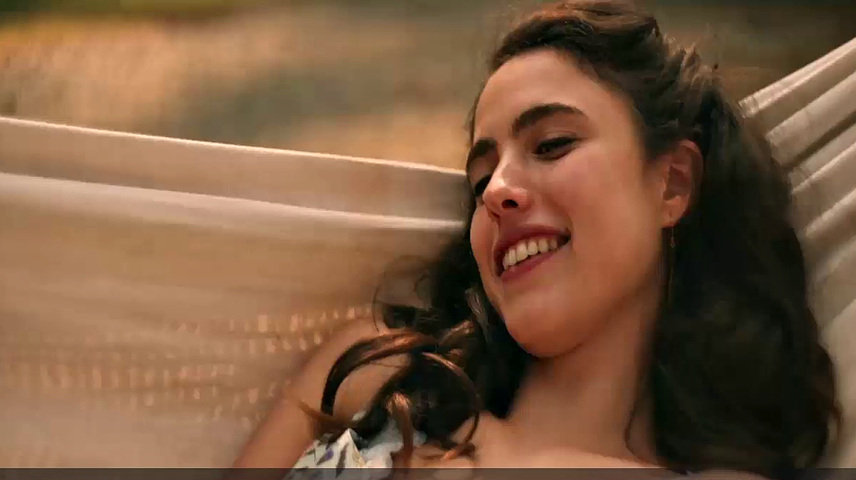 Brunette bombshell Margaret Qualley enjoys outdoor kissing and topless sex in smiley indoor video