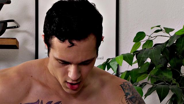 Tattooed waiter barebacks guest till facial