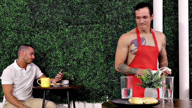 Tattooed waiter barebacks guest till facial