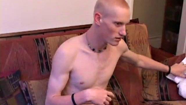 Bummed out by a broken skateboard, Kaos pulls out his lube and pops in a porn video. After stripping naked, he strokes his huge cock and spews a warm cum load onto his chest.