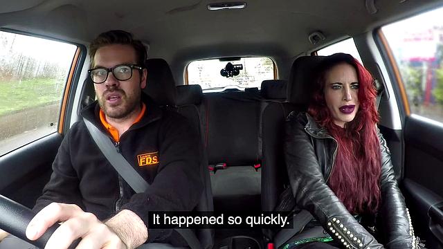 Redhead with glasses goes wild on car gear stick in wild doggy-style ride