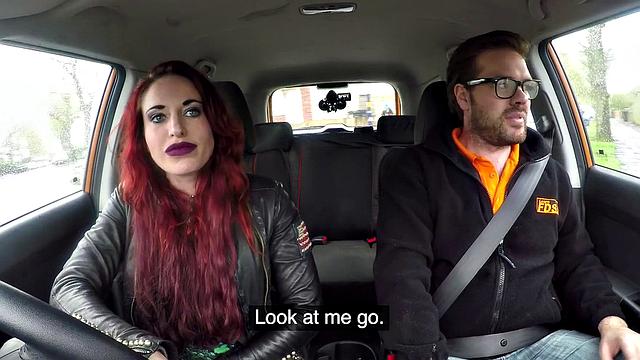 Redhead with glasses goes wild on car gear stick in wild doggy-style ride