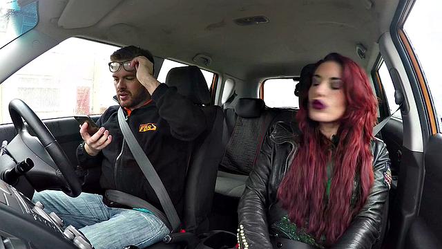 Redhead with glasses goes wild on car gear stick in wild doggy-style ride