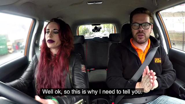 Redhead with glasses goes wild on car gear stick in wild doggy-style ride