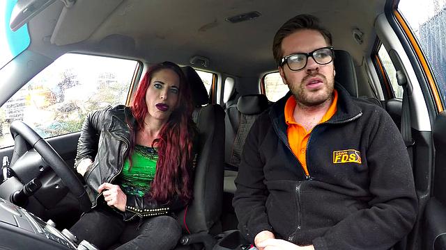 Redhead with glasses goes wild on car gear stick in wild doggy-style ride