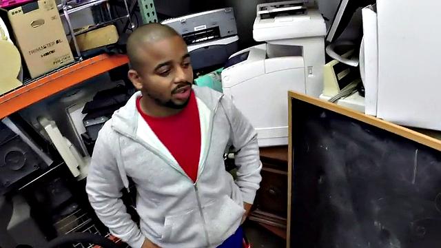 Black gay pawn fucked by pawnshop owners in stockroom 3some
