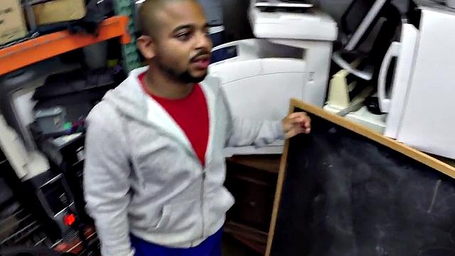 Black gay pawn fucked by pawnshop owners in stockroom 3some