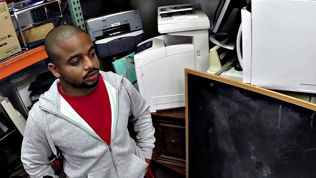 Black gay pawn fucked by pawnshop owners in stockroom 3some