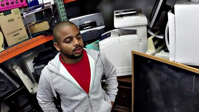 Black gay pawn fucked by pawnshop owners in stockroom 3some
