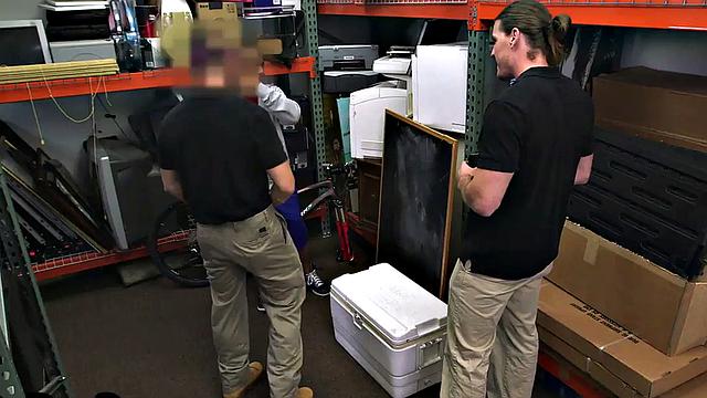 Black gay pawn fucked by pawnshop owners in stockroom 3some